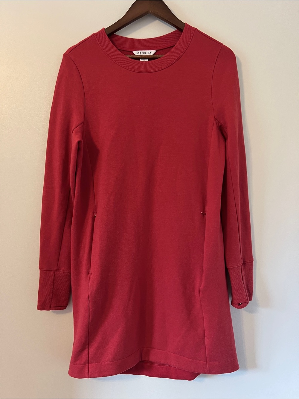 Athleta Sweatshirt Dress Womens M Red Coaster Luxe Zip Pockets Thumbholes Soft